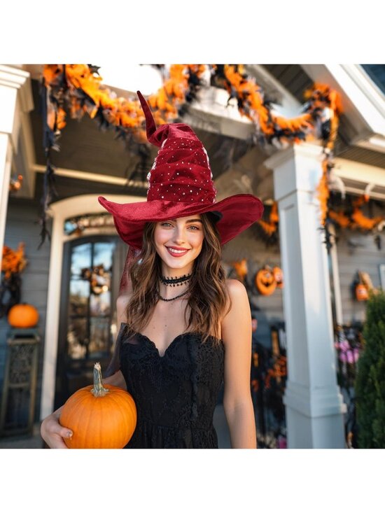 Vintage Wine Velvet With Mesh Witch Hat for Women Halloween Costume Accessory main image 6